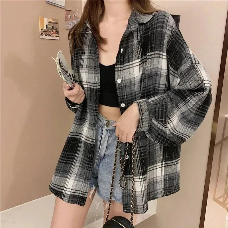 Chemise à carreaux pour femme – coupe décontractée manches longues