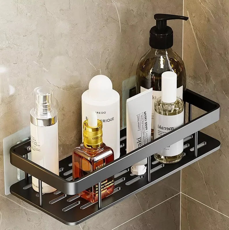 Wall-mounted corner shower caddy – no-drill storage