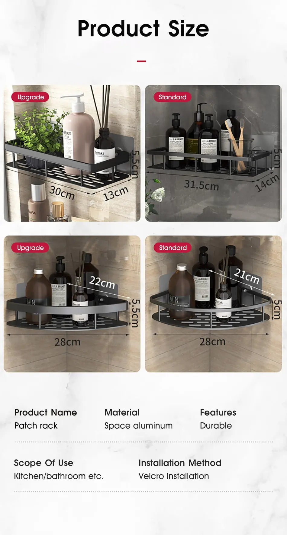 Étagère d’angle murale pour salle de bain – sans perçage