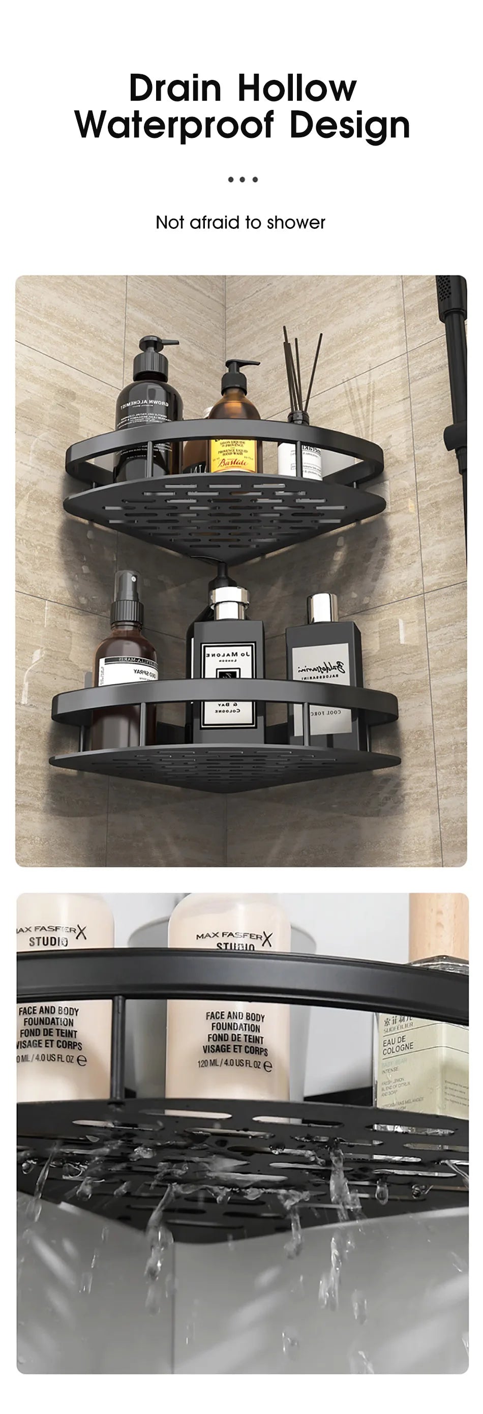 Étagère d’angle murale pour salle de bain – sans perçage