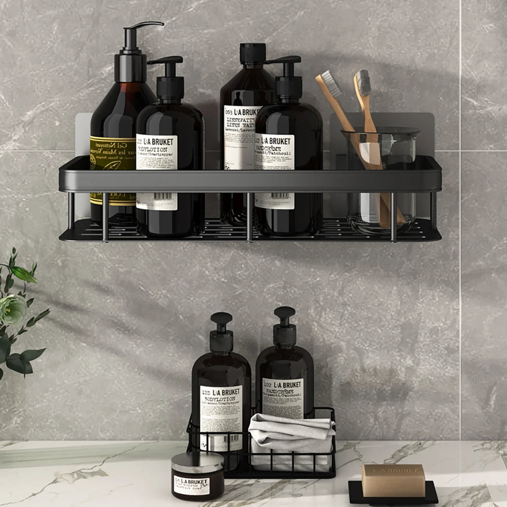 Étagère murale de salle de bain sans perçage – rangement en aluminium
