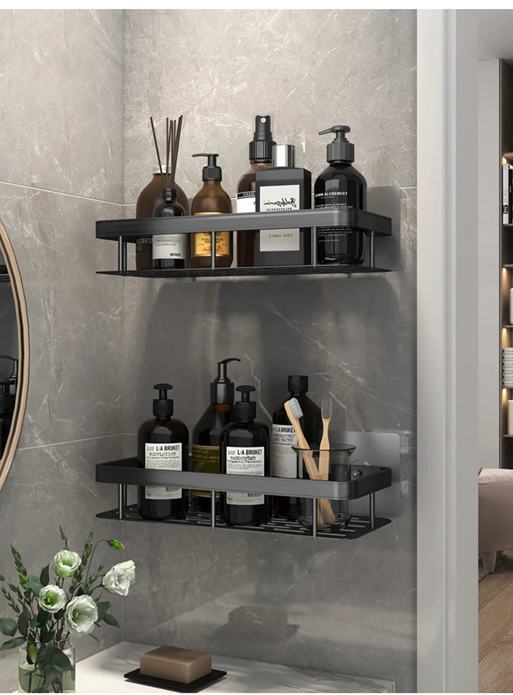 Étagère murale de salle de bain sans perçage – rangement en aluminium