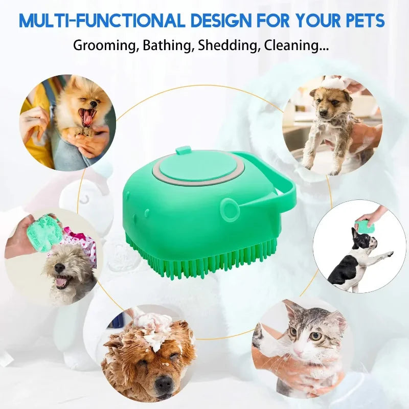 Bath brush with shampoo dispenser for dogs and cats