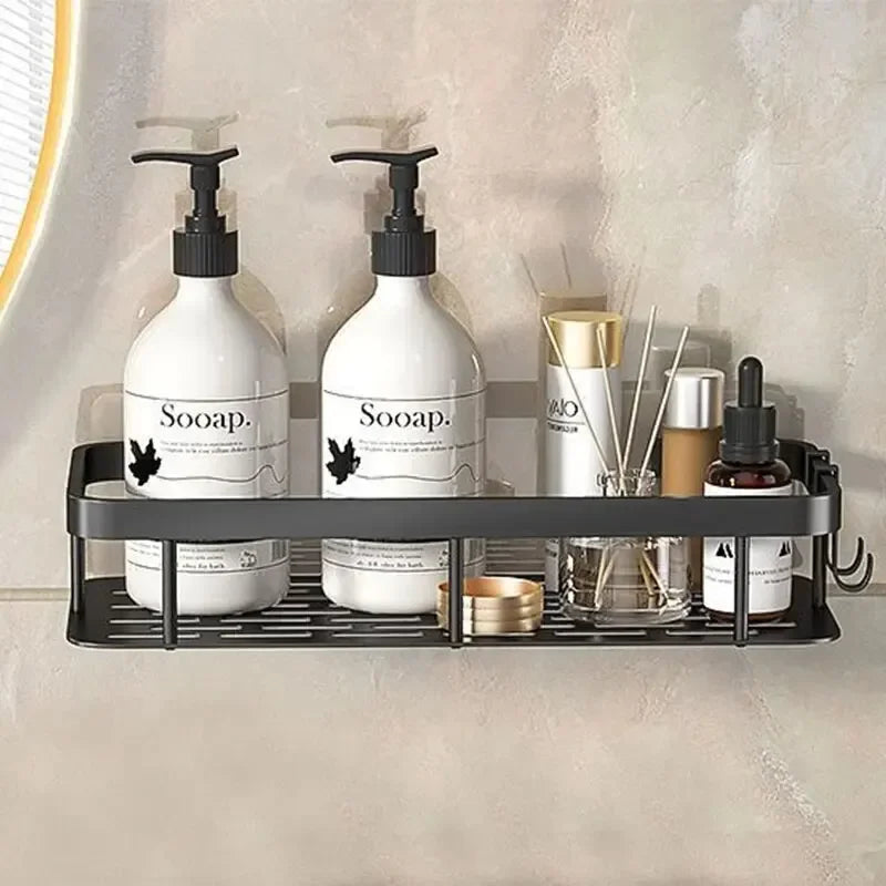 Drill-free wall-mounted shower corner shelf.
