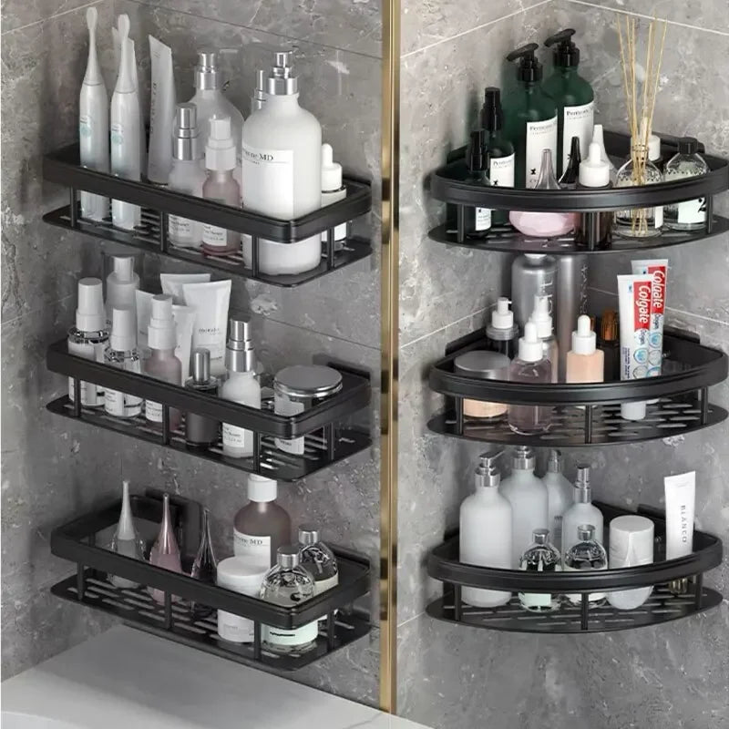 Drill-free wall-mounted shower corner shelf.