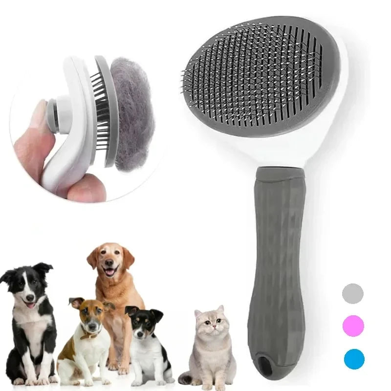 Self-cleaning grooming brush for dogs and cats
