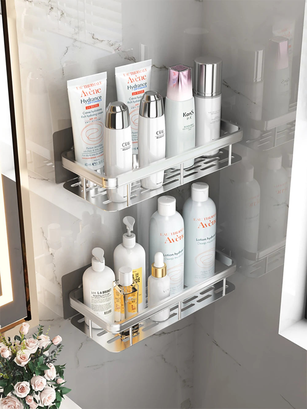 Étagère murale de salle de bain sans perçage – rangement en aluminium