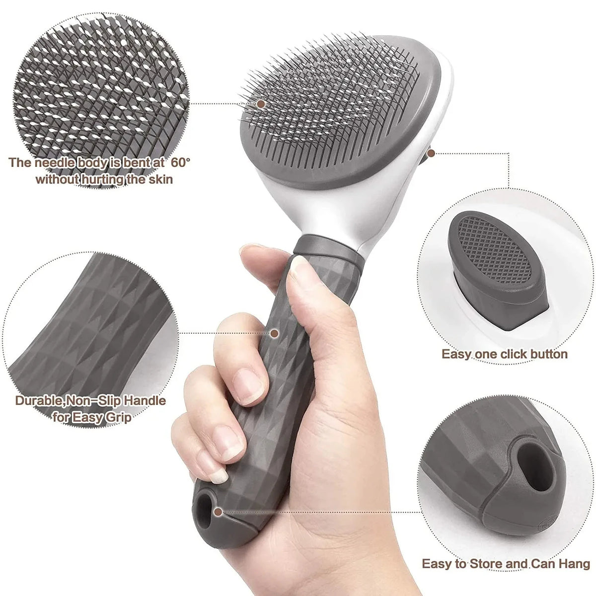 Self-cleaning grooming brush for dogs and cats