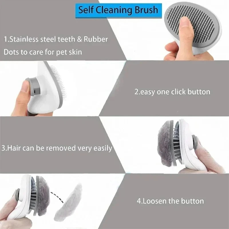 Self-cleaning grooming brush for dogs and cats