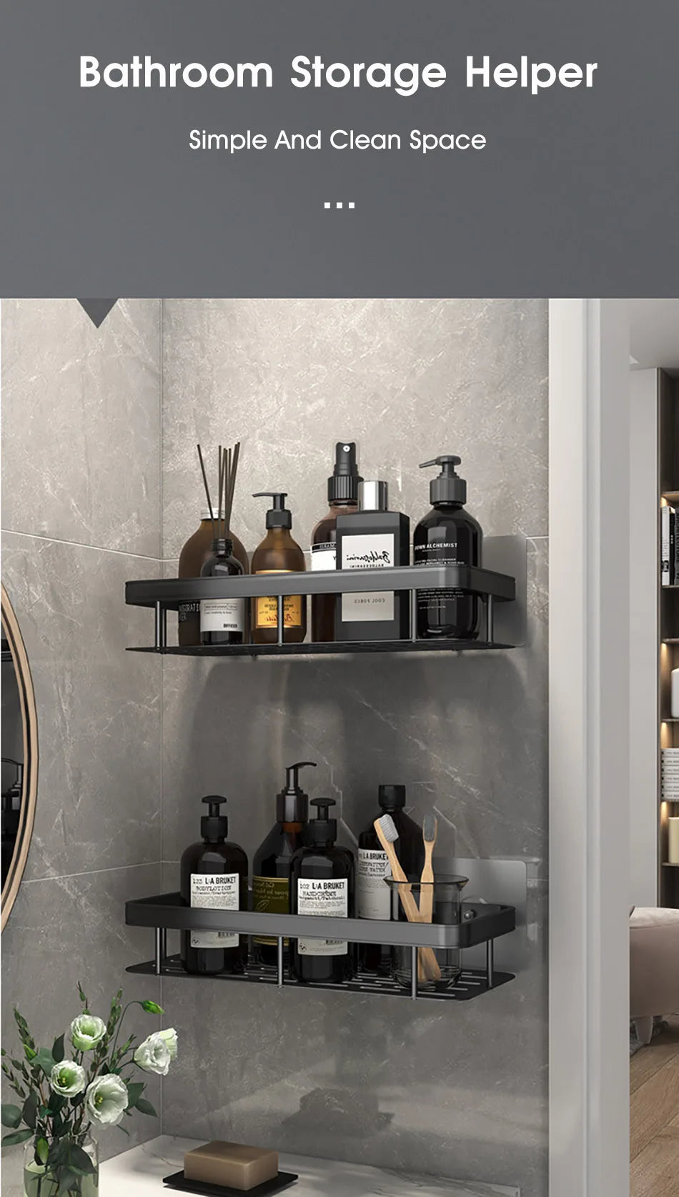 Étagère d’angle murale pour salle de bain – sans perçage