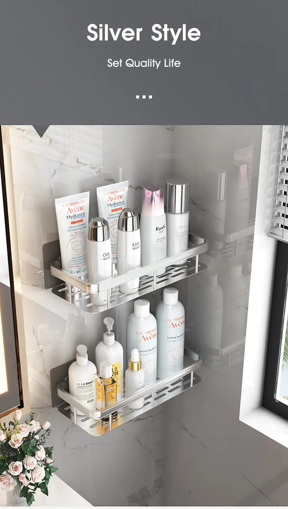 Étagère d’angle murale pour salle de bain – sans perçage