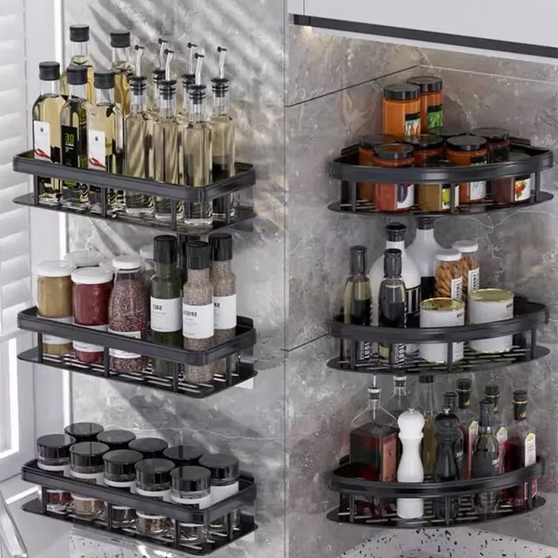 Drill-free wall-mounted shower corner shelf.