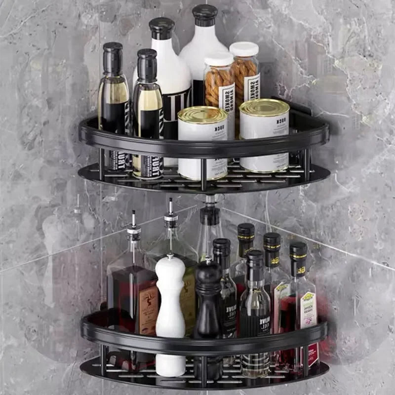Drill-free wall-mounted shower corner shelf.