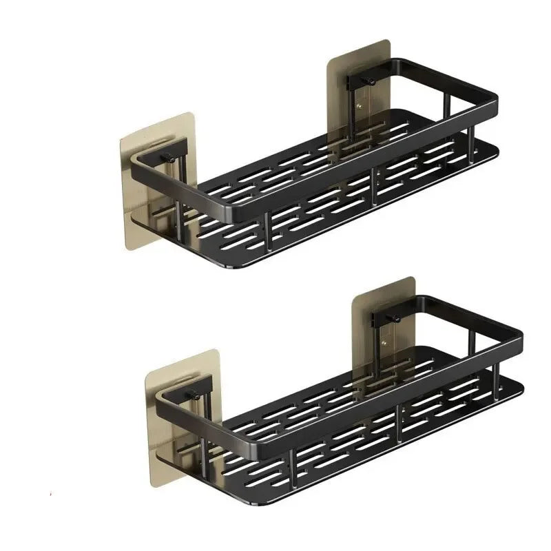 Drill-free wall-mounted shower corner shelf.