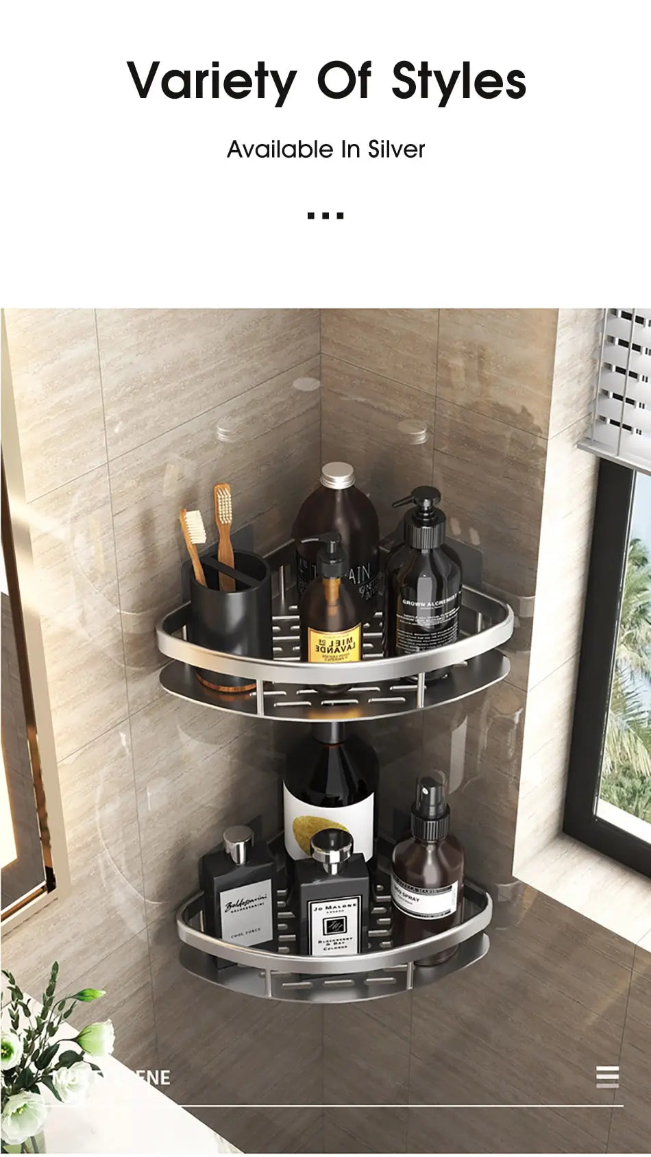Étagère d’angle murale pour salle de bain – sans perçage