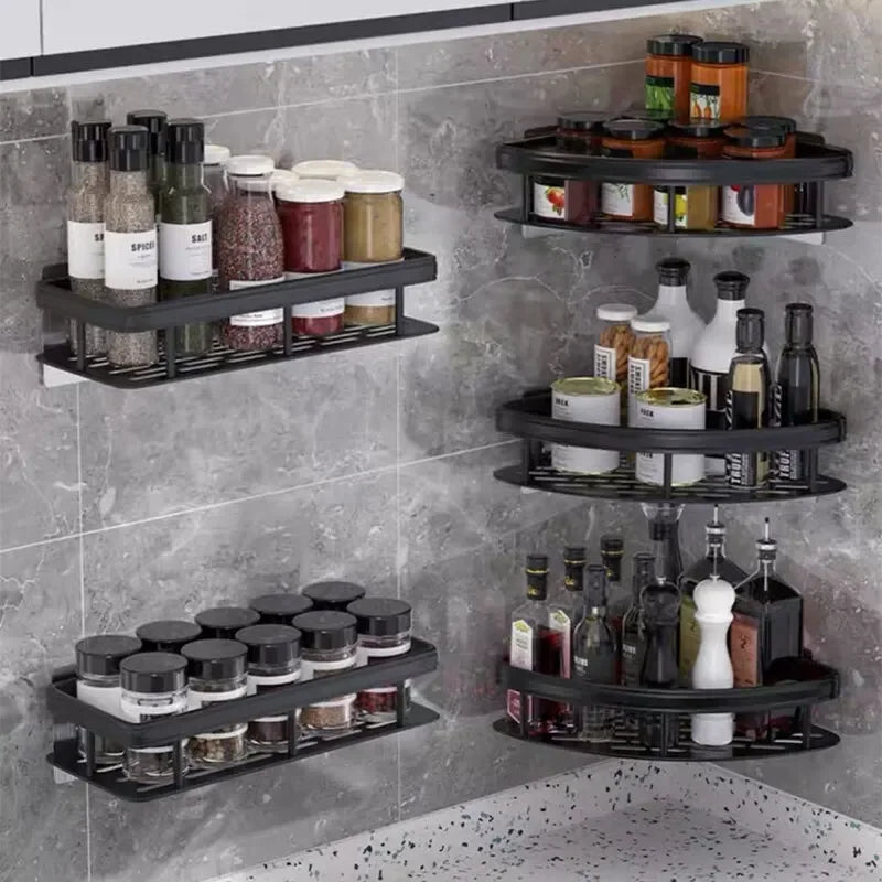 Drill-free wall-mounted shower corner shelf.