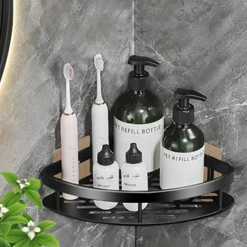 Drill-free wall-mounted shower corner shelf.