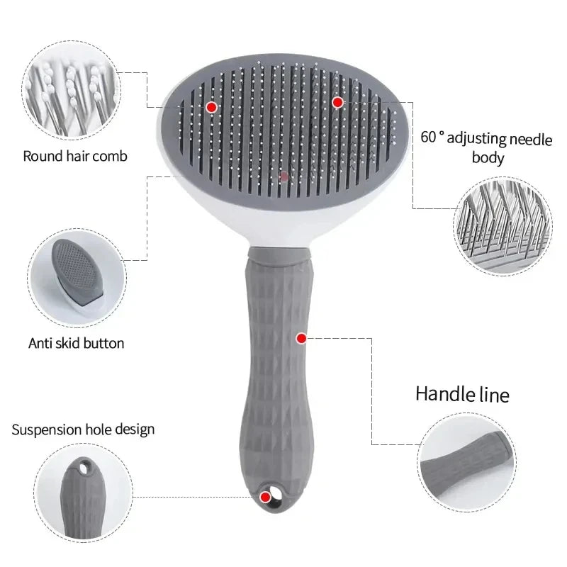 Self-cleaning grooming brush for dogs and cats